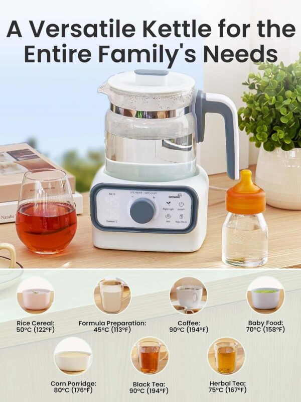 GROWNSY Baby Instant Warmer, Glass Water Boiler with Accurate Temperature Control for Formula, Coffee and Tea, 1.3 Liter Electric Kettle with LCD Display and Timer - Image 6